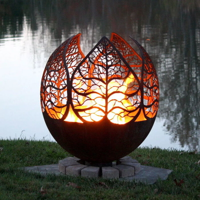 Autumn Sunset Leaf Weathering Steel Globe Sphere Fire Pit With Ash Tray