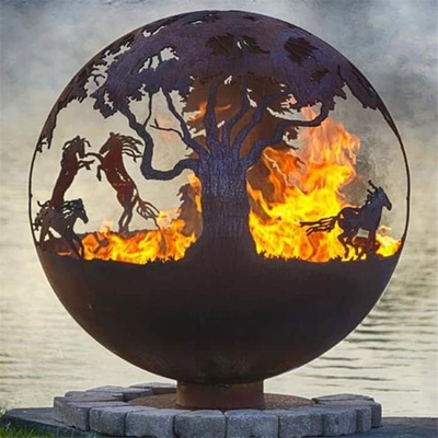 Wildfire Horse Themed Outdoor Sphere Corten Steel Fire Pit 80cm 90cm
